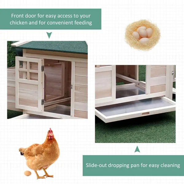 PawHut Wooden Chicken Coop with Nesting Box & Outdoor Run Patio – Natural - Image 6