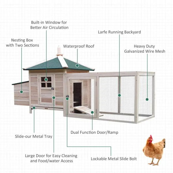 PawHut Wooden Chicken Coop with Nesting Box & Outdoor Run Patio – Natural - Image 5